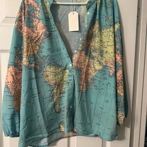World Map Print Blouse - Multicolor